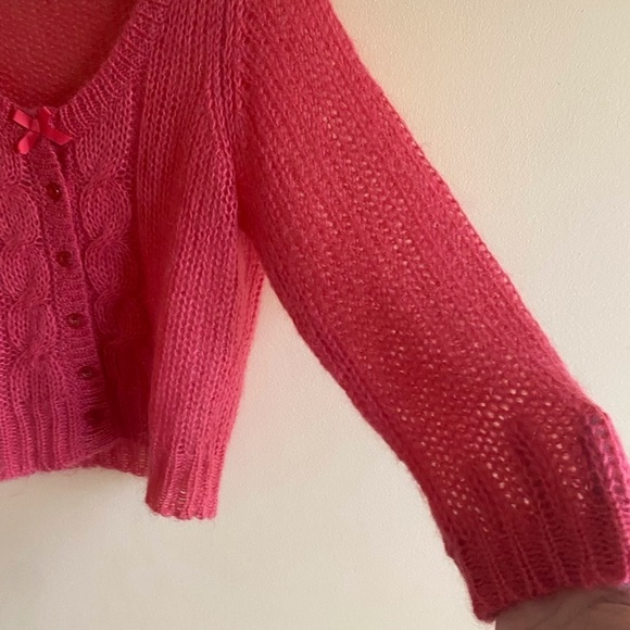 GUINEVERE Womans Large Mohair Cropped Cable Knit Long Sleeve V Neck Cardigan - Picture 6 of 12